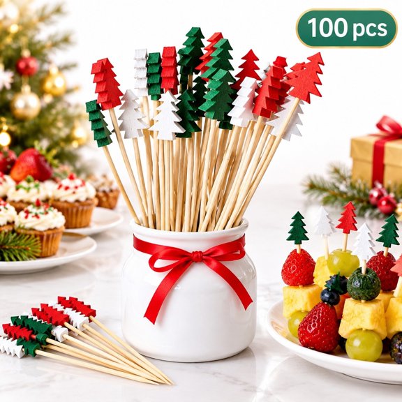 100 Pcs Christmas Tree Fruit Picks Bamboo Cocktail Forks Green Red White Tree Shape Party Decor