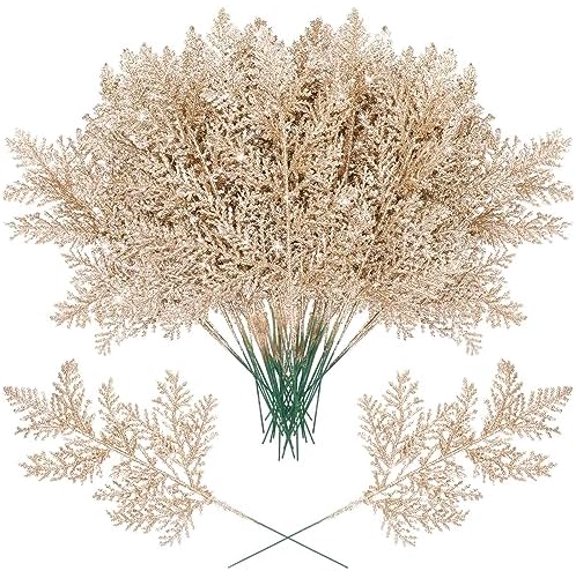 100 Pcs Christmas Tree Picks Sprays 10.2 Inch Glitter Artificial Pine Leaves Cedar Stem Faux Pine Needles Greenery Cedar Branches Ornament for Home Garland Wreath Winter Decor(Champagne Gold)