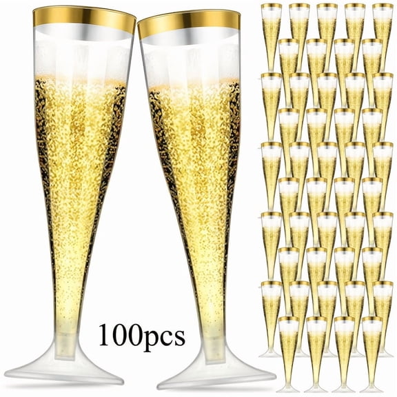 100 Pcs Classic Plastic Champagne Flutes Clear Disposable Wine Glasses with Gold Red Rim 4.5oz Bulk Party Toasting Cups for Daily Events Wedding Celebration Cocktail Drinkware