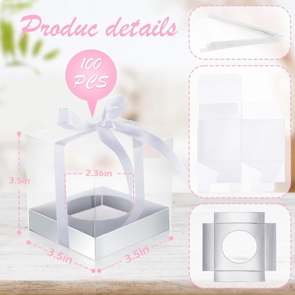 100 Pcs Clear Cupcake Boxes 3.5 Inch Plastic Containers with Silver Base and Ribbon for Wedding Birthday Party Favors