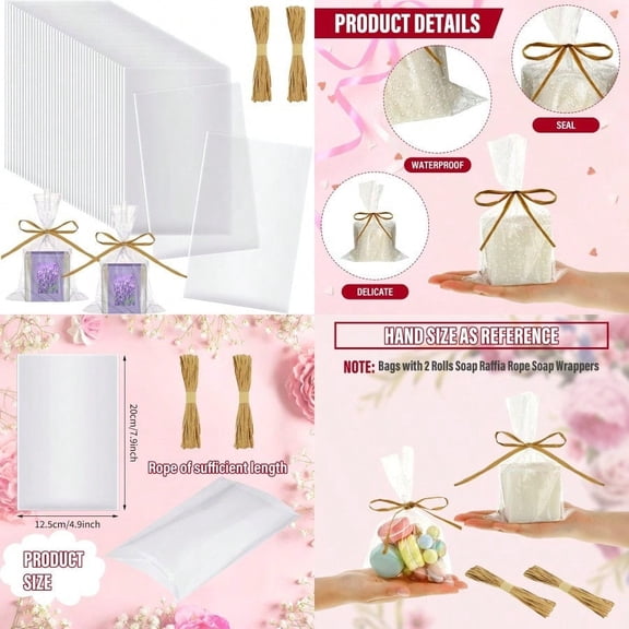 100 Pcs Clear Flat Cellophane Soap Bags for Packaging 4.9'' x 7.9'' Small Mini Soap Cookie Candy Wrappers Bags with Raffia Rope for Wedding Christmas Craft Gift Birthday Party Favor plies