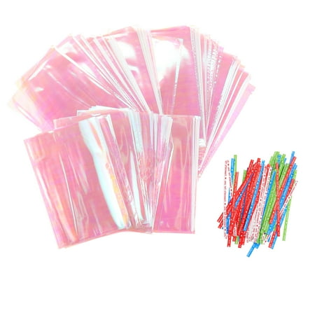 LHX 100 Pcs Clear Gift Bags for Gifts Iridescent Holographic Goodie Party Favor Cookie Wrapping Baking