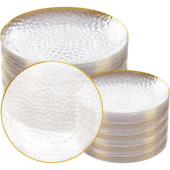 100 Pcs Clear Gold Plastic Plates with Hammered Texture and Gold Rim 50 Dinner 50 Dessert