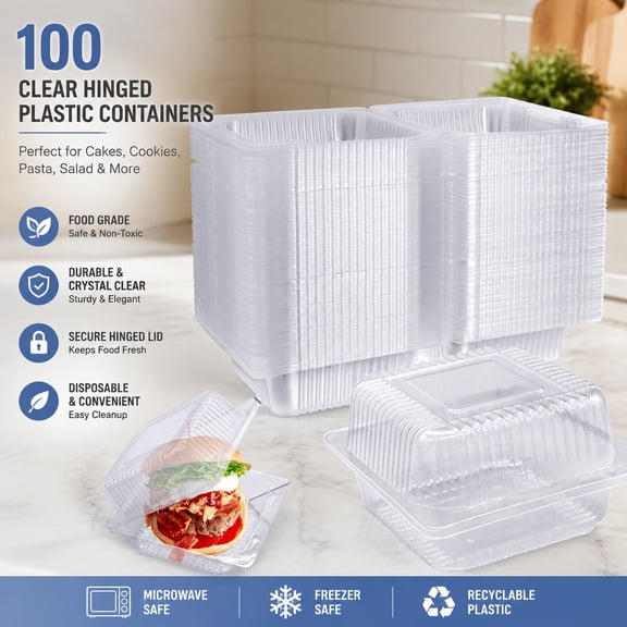 100 Pcs Clear Hinged Plastic Containers with Lids, Square Disposable Food Storage Boxes for Cake Slices, Cookies, Pasta, Sandwiches, Salad