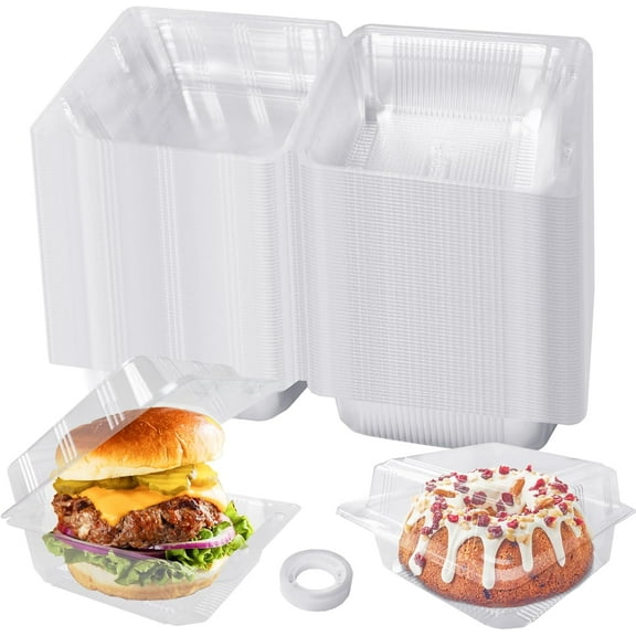 100 Pcs Clear Plastic Square Hinged Food Container,Disposable Cake Slice Clamshell Takeout Tray,Plastic To Go Containers with Clear Lids for Pastry,Salad,Dessert,Sandwiches,5.3"x 5.1"x 2.4"