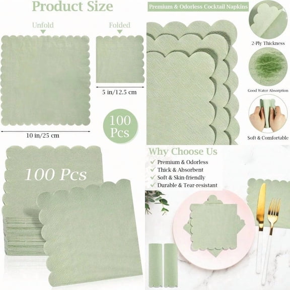 100 Pcs Cocktail Napkins 2-Ply 5 x 5 Inches Disposable Scalloped Napkins Thick Premium Dert Napkins for Party Wedding Dinner Birthday Anniversary Festival Sage Green