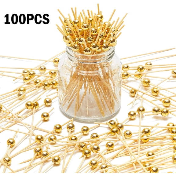 100 Pcs Cocktail Picks, Gold Plastic Ball Decor Skewer for Appetizers, Fruit, Kebabs, Mini Burger, Bamboo Skewers for Drinks, Handheld Toothpicks, Food Sticks Natural, Kitchen Gadget