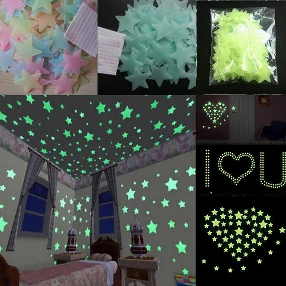 100 Pcs Colorful Glow in The Dark Luminous Stars and Moon Fluorescent Noctilucent Plastic Wall Stickers Murals Decals for Home Art Decor Ceiling Wall Decorate Kids Babys Bedroom Room Decorations
