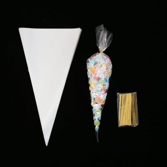 100 Pcs Cone Shaped Treat Bags Clear Cone Shaped Cellophane Treat Bags, Cone Triangle Plastic Bags for Treats, Popcorn Favor, Candy