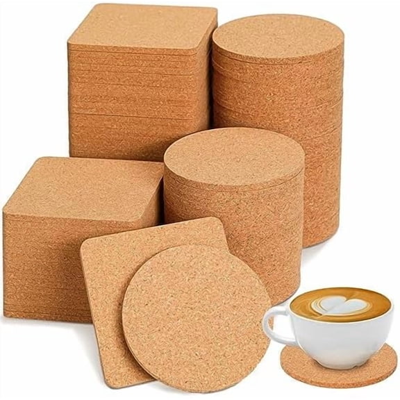100 Pcs Cork Coaster Bulk 4 Inch Wooden Coaster Set for Drink Tea Coffee Blank Absorbent Heat Resistant Reusable Home Table Round Square Friend Warm Gift DIY Craft Cafe Kitchen