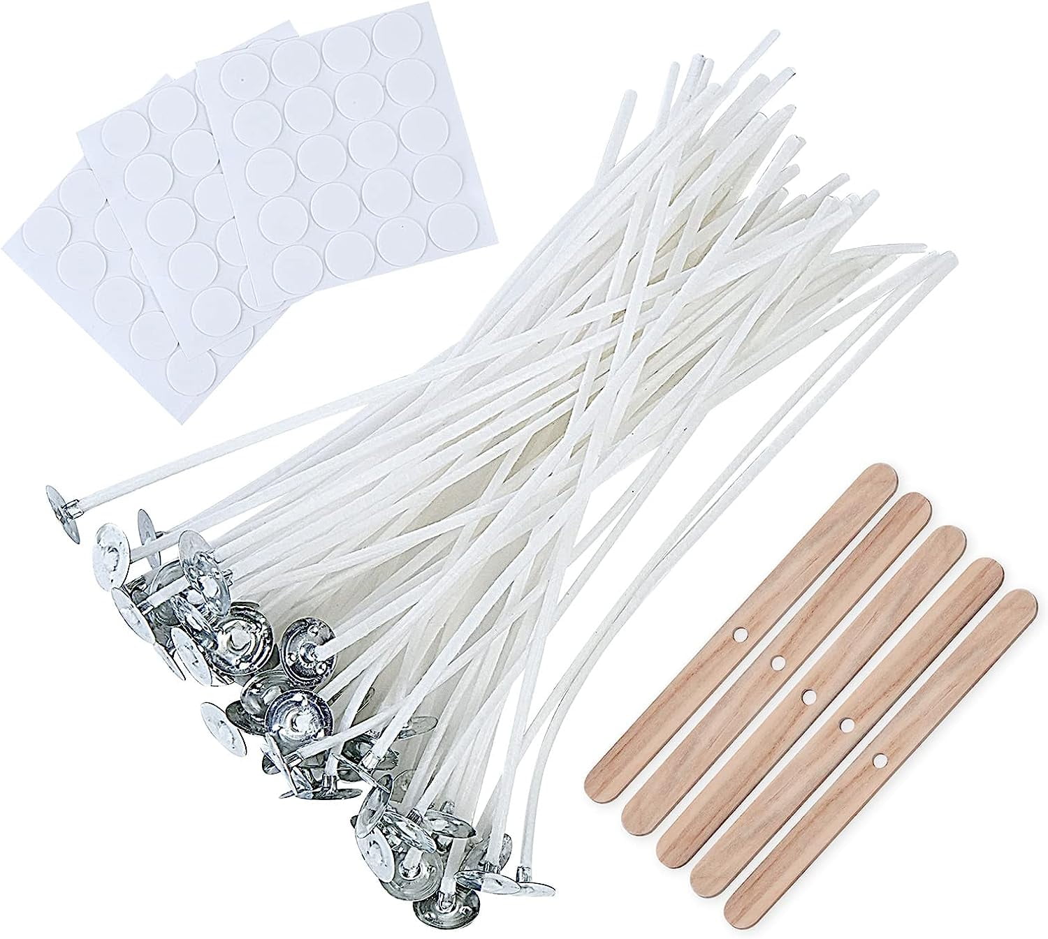 100 Pcs Cotton Candle Wicks 20cm, Pre-Waxed Low Smoke Candle Making Kits with 5 Candle Wick Holders and 60 Glue Dots, for Soy Beeswax Adults Making Candles
