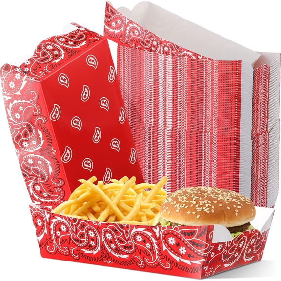 100 Pcs Cowboy Paper Food Trays Western Party Decorations Rodeo Paisley Candy Nacho Snack Holder Disposable Serving Trays for Cowboy Western Birthday Party Supplies(Red)