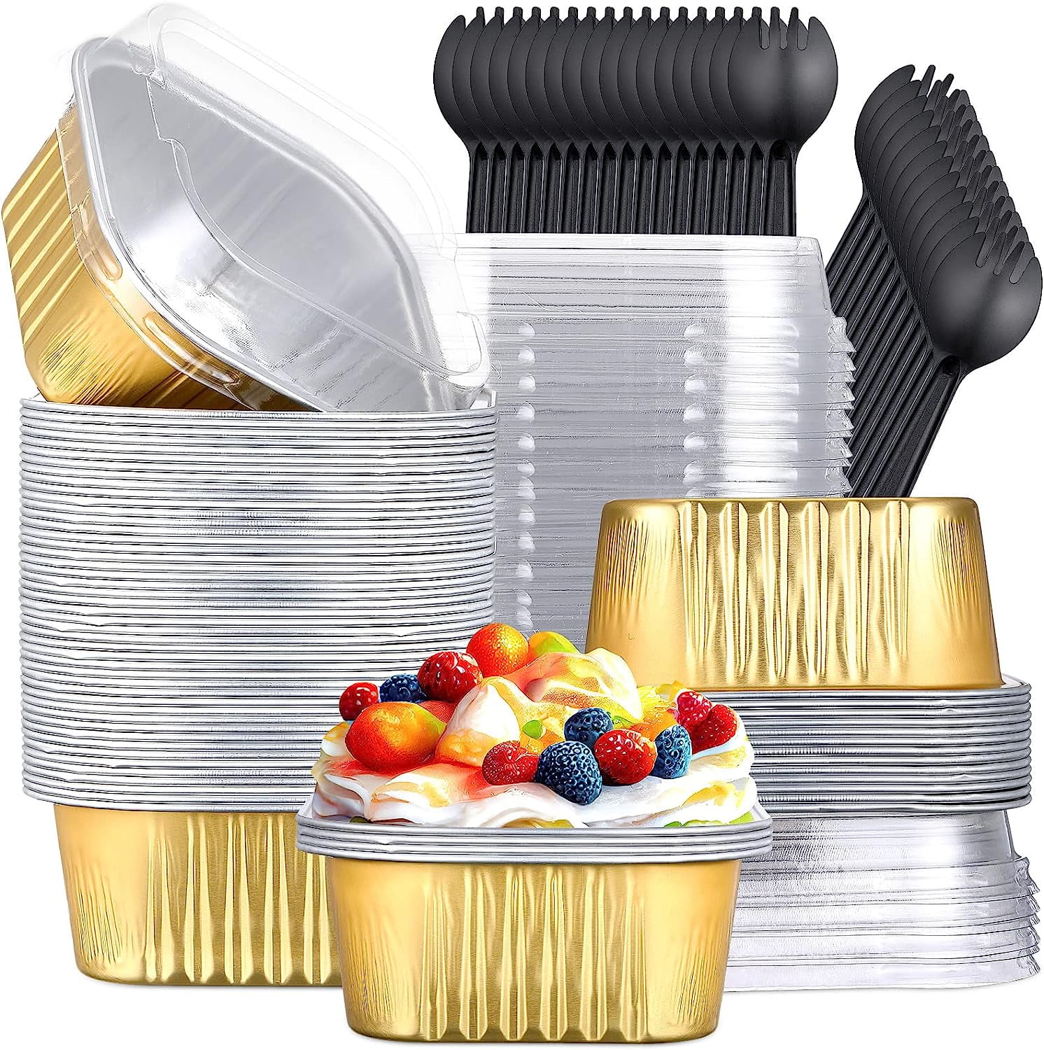 100 Pcs Cupcake Liners with Lids 5oz Baking Cups Aluminum Foil Mini Cake Pans Disposable Square Cupcake Pans with Plastic Spork for Dessert Bread for Party Wedding Birthday Kitchen (Gold)