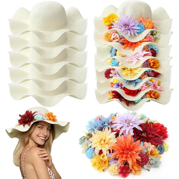 100 Pcs DIY Straw Cowboy Hat Set with Flowers - 10 Wide Brim Straw Hats, 100 Artificial Flowers for Adult Women