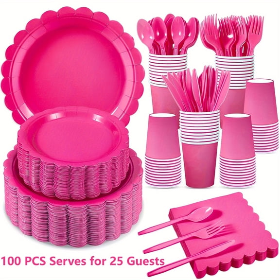 100 Pcs Deep Pink Party Cutlery Set Daily Use Disposable Dinnerware Kit for 25 Guests Elegant Plastic Fork Spoon Knife Set for Birthday Party Picnic Wedding Event Table Supplies