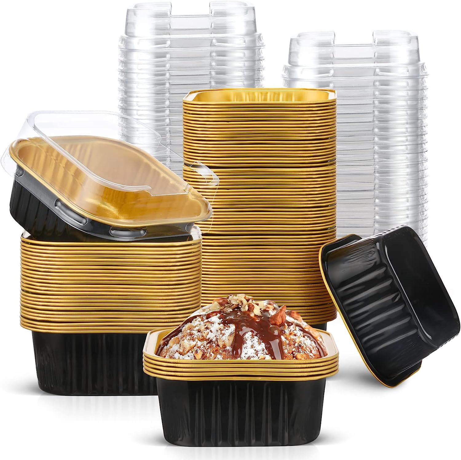 100 Pcs Dessert Cups with Lids 5 oz Cupcake Liners with Lids Aluminum Foil Baking Cup Disposable Ramekins Muffin Individual Square Cupcake Container Foil Flan Baking Cups for Party, Black Gold Color