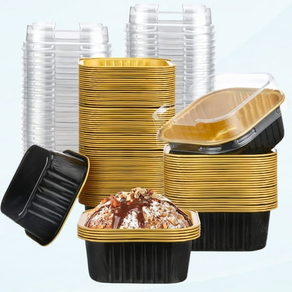 100 Pcs Dessert Cups with Lids 5 oz Cupcake Liners with Lids Aluminum Foil Baking Cup Ramekins Disposable Muffin Square Single Cupcake Container Foil Flan Cups Baking for Party, Black Gold Color