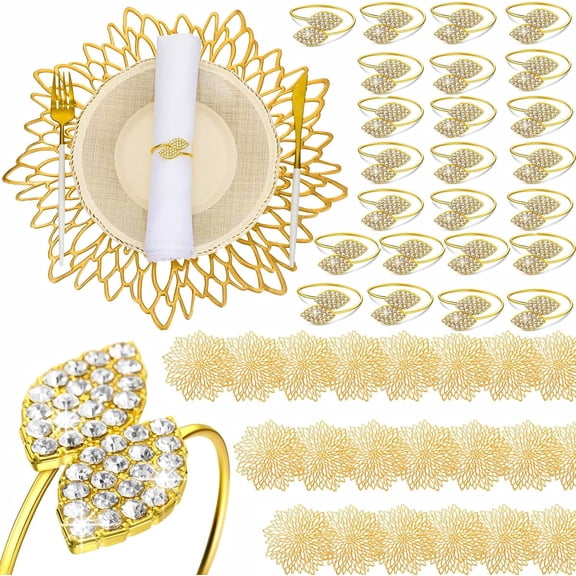 100 Pcs Dinner Placemats and Napkin Rings Bulk with Leaves Napkin Rings and Metallic Round Place Mats Sequin Placemats for Wedding Kitchen Leaf Dining Table Decoration