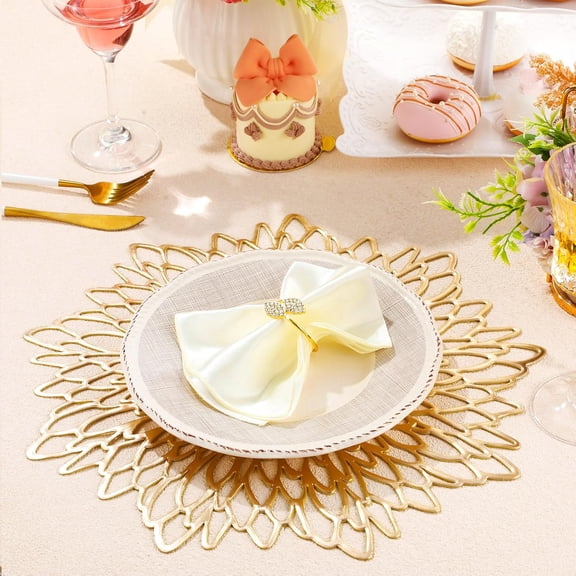 100 Pcs Dinner Placemats and Napkin Rings Bulk with Leaves Napkin Rings and Metallic Round Place Mats Sequin Placemats for Wedding Kitchen Leaf Dining Table Decoration