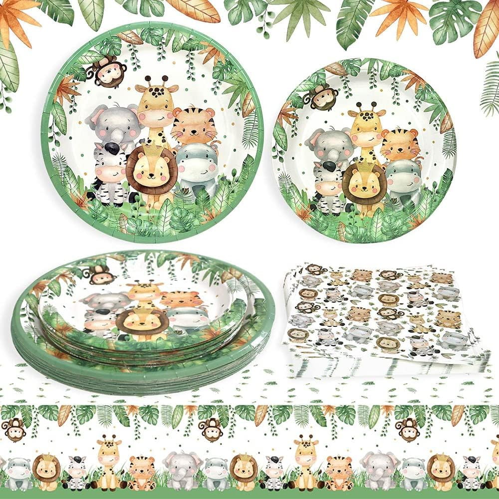 82Pcs Safari Jungle Baby Shower Party Supplies Green Wild Animals Paper Plates Napkins Baby Shower Party Decorations Safari Jungle Dinnerware Party Favor Wild One Tableware Serves 20