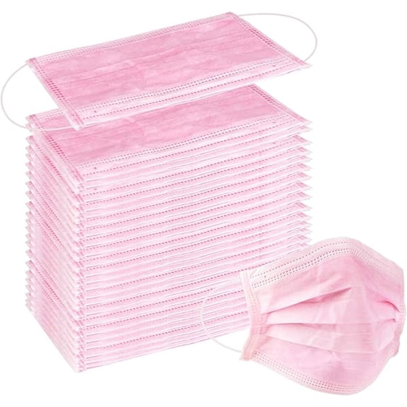 100 Pcs Disposable 3 Ply Earloop Face Masks, Suitable for Home, School, Office and Outdoors (Pink)