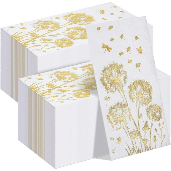 100 Pcs Disposable Hand Towels for Bathroom Dandelion Guest Paper Towel Floral Disposable Dinner Napkin Decorative Guest Napkins for Bathroom Kitchen Bridal Wedding Party Supplies (Gold)