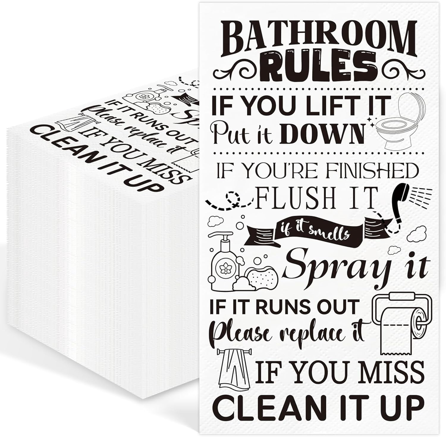 100 Pcs Disposable Hand Towels for Bathroom Paper Towels for Guests 3 Ply Wash Your Hands Bathroom Etiquette Guest Napkins for Powder Room Wedding Birthday Holiday Anniversary, Black White