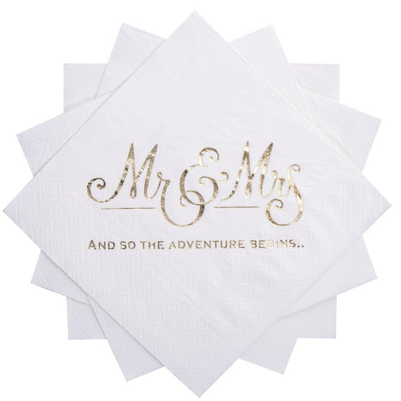Wedding Napkins Disposable 200 Pcs, Gold Foil Mr and Mrs Paper Cocktail Napkins for Wedding Dinner Party, 3-Ply, White