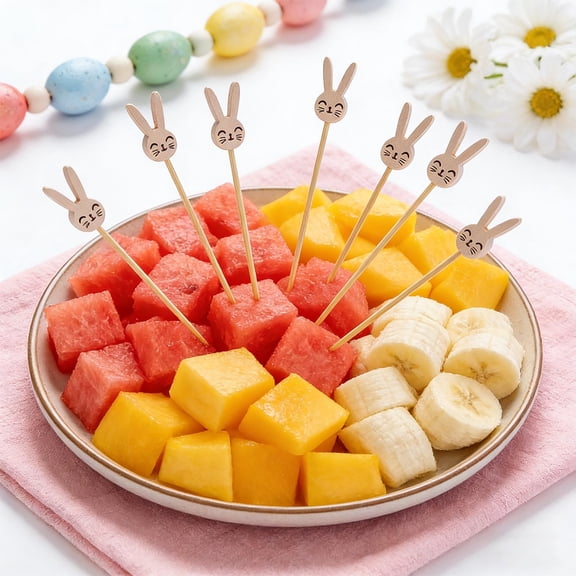 100 Pcs Disposable Wooden Fruit Skewers with Cute Gray Rabbit Faces, 4.7 Inch Cocktail Picks for Cheese Cubes Sandwiches and Party Snacks Easter Brunch Birthdays, Easter Party Supply