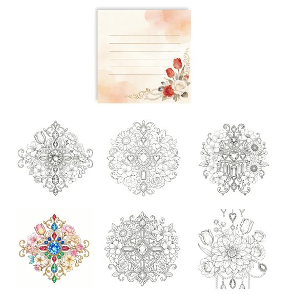 100 Pcs Double-Sided Floral Gem Sticky Notes: Original Coloring Patterns, Message Taking for Mindfulness