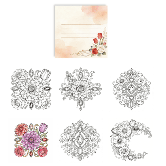 100 Pcs Double-Sided Floral Gemstone Sticky Notes: Original Coloring & Relaxation Writing, No-Repeat