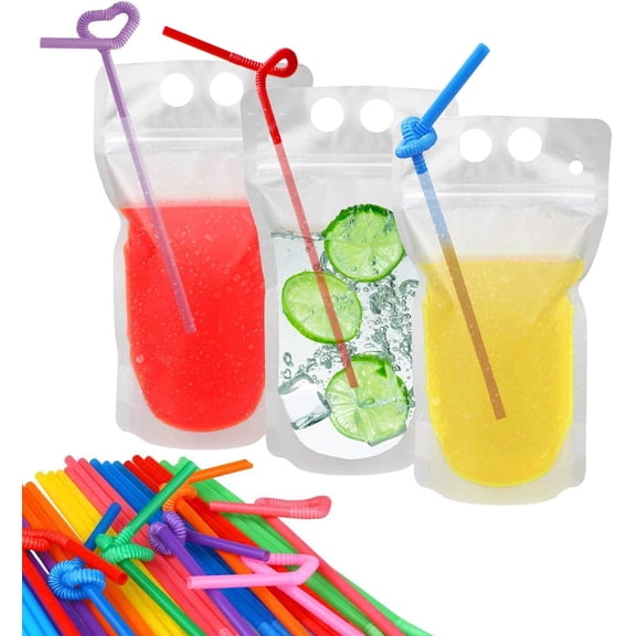 100 Pcs Drink Pouches with 100 Straw Holes, Freezable Juice Pouches, Translucent Reclosable Zipper Plastic Pouch Drink Bags for Cold & Hot Drinks for Adults Party