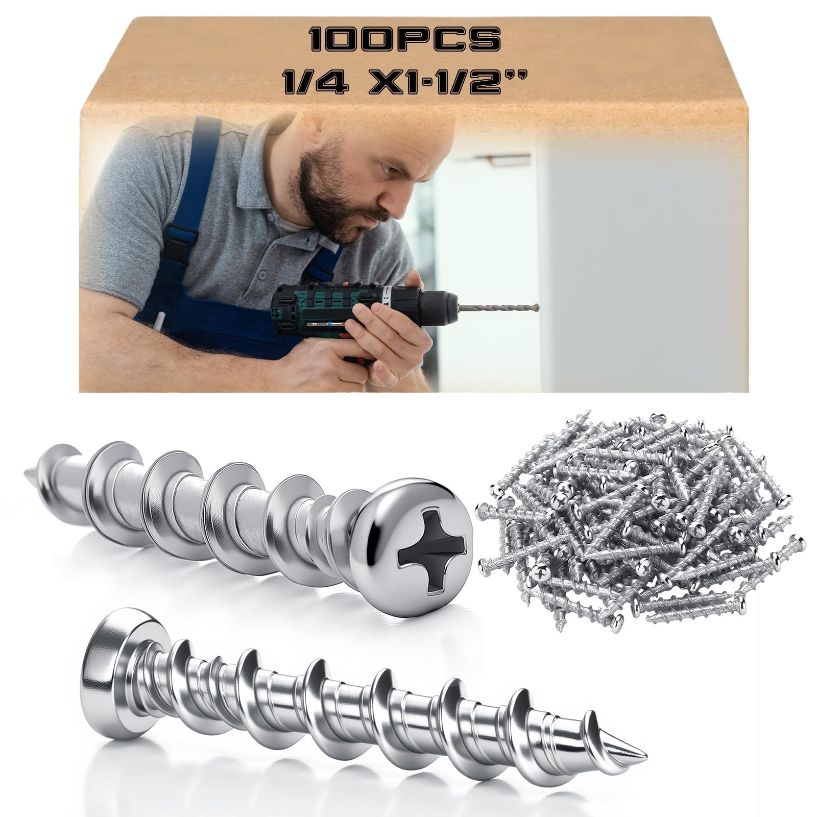 100 Pcs Drywall Anchors 1/4 x 1-1/2 Inch Black Pan Head Alloy Steel Light Wall Anchors Heavy Duty Self Drilling Screws for Wood and Other Masonry Materials