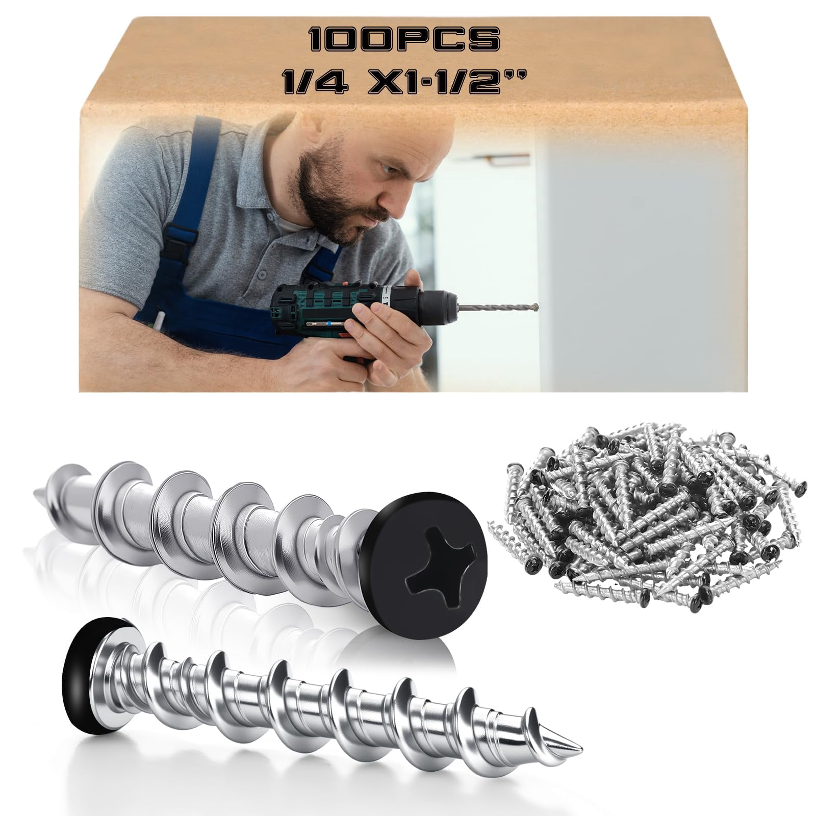 100 Pcs Drywall Anchors 1/4 x 1-1/2 Inch White Pan Head Alloy Steel Light Wall Anchors Heavy Duty Self Drilling Screws for Wood and Other Masonry Materials