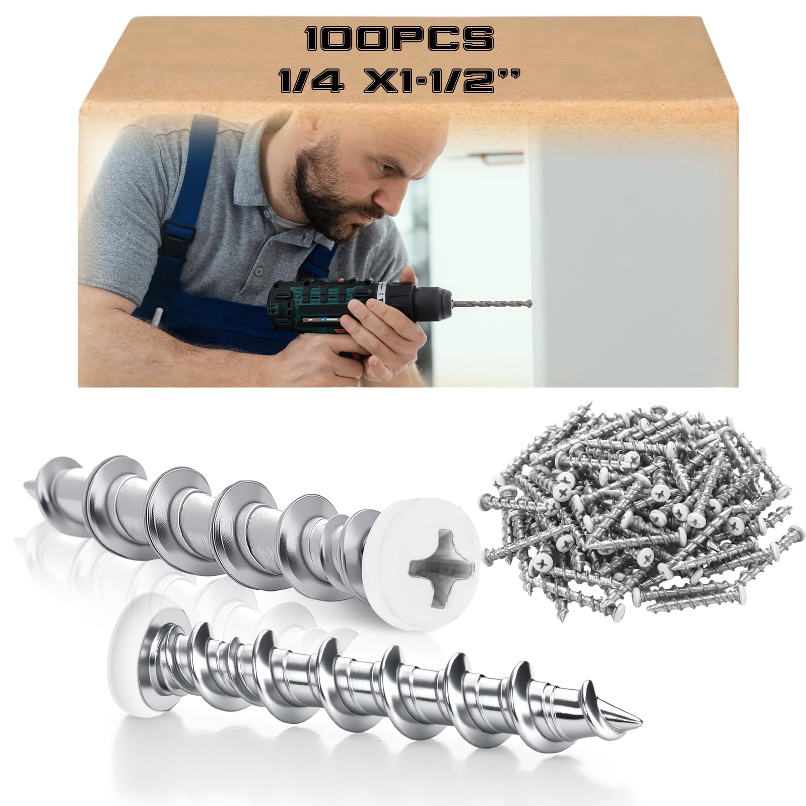 100 Pcs Drywall Anchors 1/4 x 1-1/2 Inch Black Pan Head Alloy Steel Light Wall Anchors Heavy Duty Self Drilling Screws for Wood and Other Masonry Materials