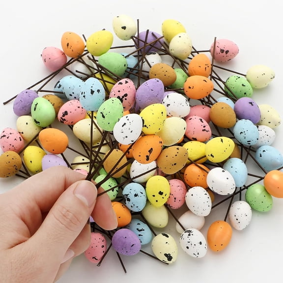 100 Pcs Easter Picks Decorative Mini Easter Foam Eggs Picks Speckled Pastel Egg Stems Multicolor Cake Topper Sticks for Spring Basket Bouquets Floral Arrangement Centerpiece Wreath