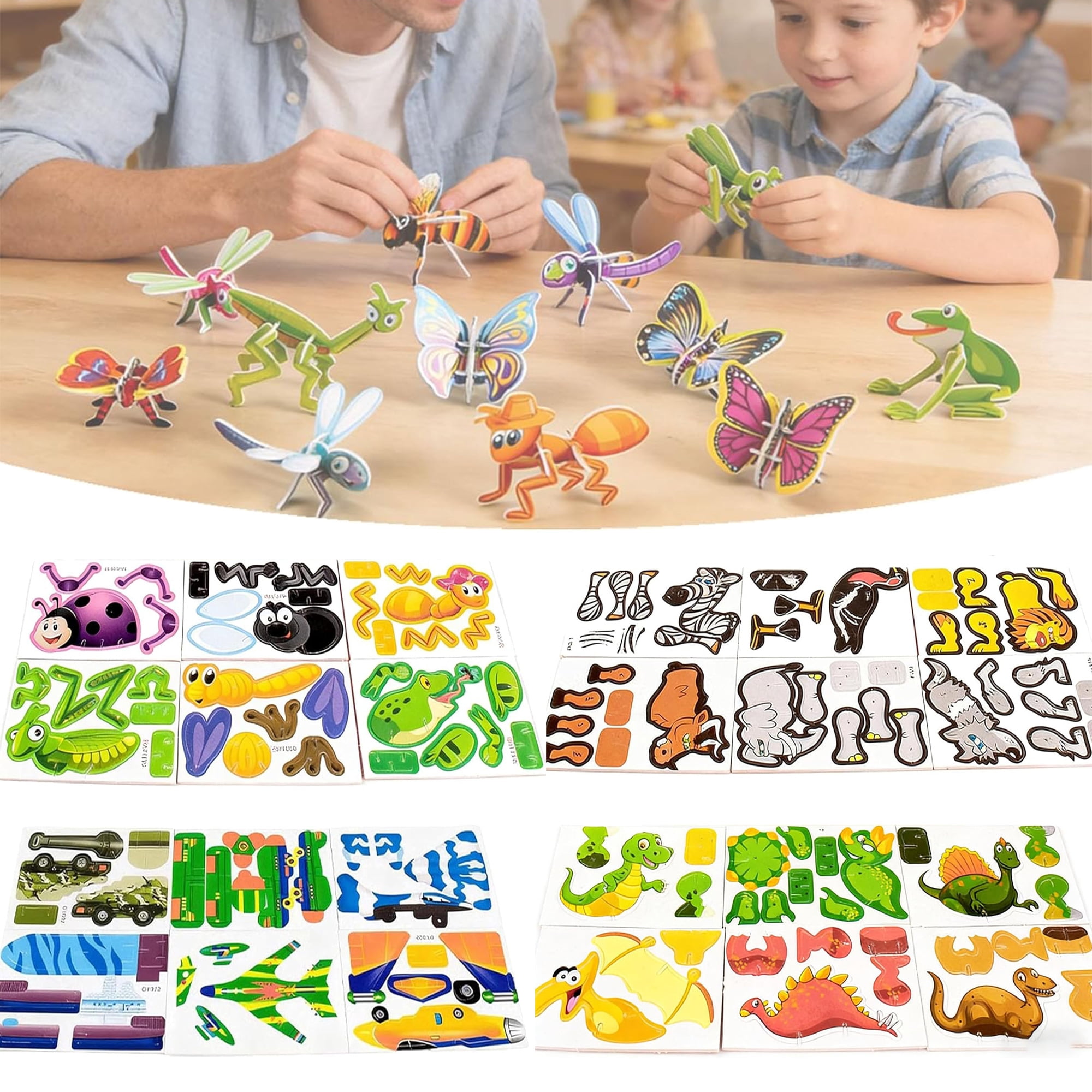 100 Pcs Educational 3D Cartoon Puzzles, DIY 3D Animal Dinosaur Airplane ...