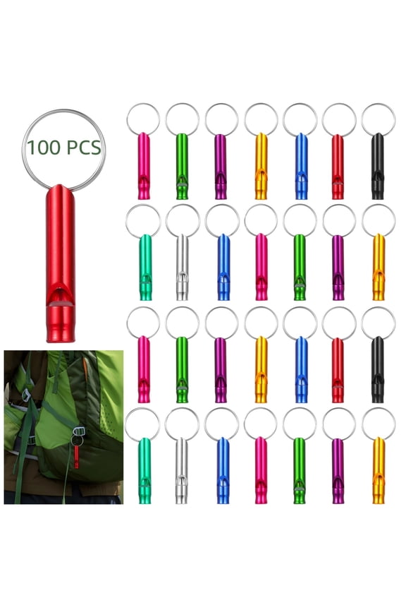100 Pcs Emergency Whistles with Keychain, Assorted Color Mini Survival Aluminum Alloy Whistle with Key Ring for Outdoor Camping Hiking Hunting Fishing PE Classes Dog Training