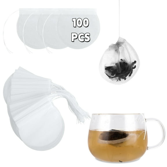 100 Pcs Empty Tea Bags for Loose Leaf 2.95" Tea Disposable Tea Bags Round Tea Filter Bags Leaf Tea Filter Bags Drawstring Tea Bags for Spice Coffee Bags Soup Bags, White