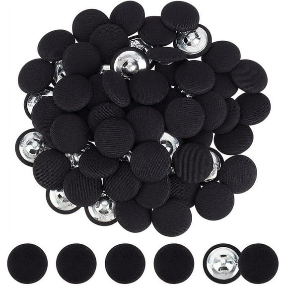 100 Pcs Fabric Covered Button 0.75 Inch Cloth Shank Buttons Flat Round Buttons with Zinc Alloy Finding Sewing Button for Overcoat Garment Accessories DIY Project Black