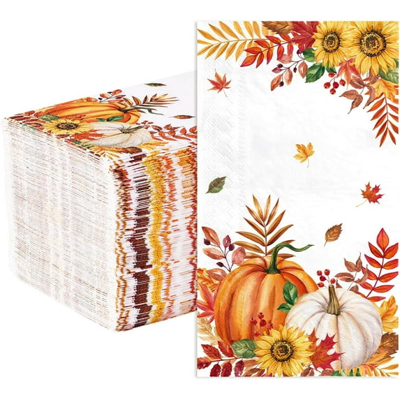 100 Pcs Fall Napkins 3 Ply Orange and White Pumpkin Sunflower Paper Napkins Fall Decorative Napkin Disposable Hand Towels for Thanksgiving Fall Harvest Holiday Party Supplies Home Bathroom Table Deco