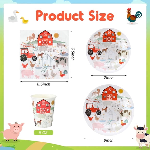 100 Pcs Farm Animal Theme Party Plates Set, Including 25 Pack 9 Inch and 7 Inch Farm Paper Plates, 25 Disposable Napkins and 25 Paper Cups, Fit for Birthday Decorations, Baby Showers