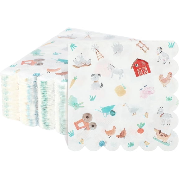 100 Pcs Farm Cute Cocktail Napkins 5 x 5 Inch Country 2 Ply Scalloped Edged Dessert Napkins Disposable Farm Party Decor farm party supplies for Baby Shower Wedding Birthday Party Bridal