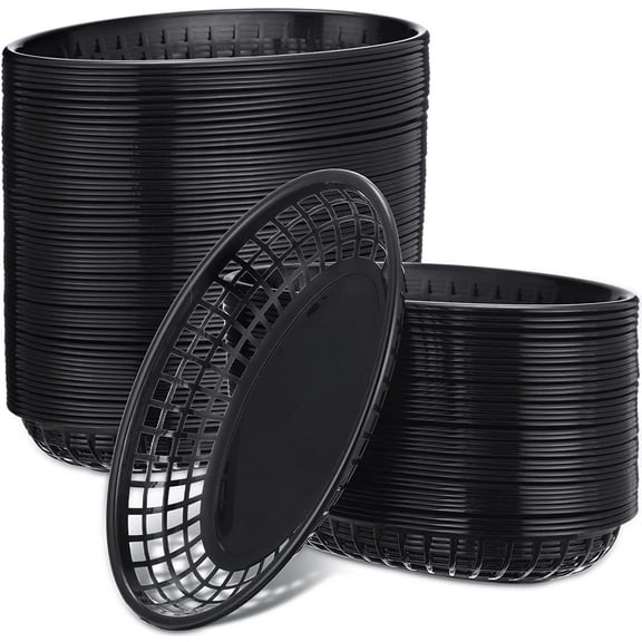 100 Pcs Fast Food Baskets 8.9 x 5.5 Inch Plastic Baskets for Food Black Chip Tray Reusable Bread Fry Oval Serving Tray for Restaurant Supplies Hot Dog Deli Serving Chicken