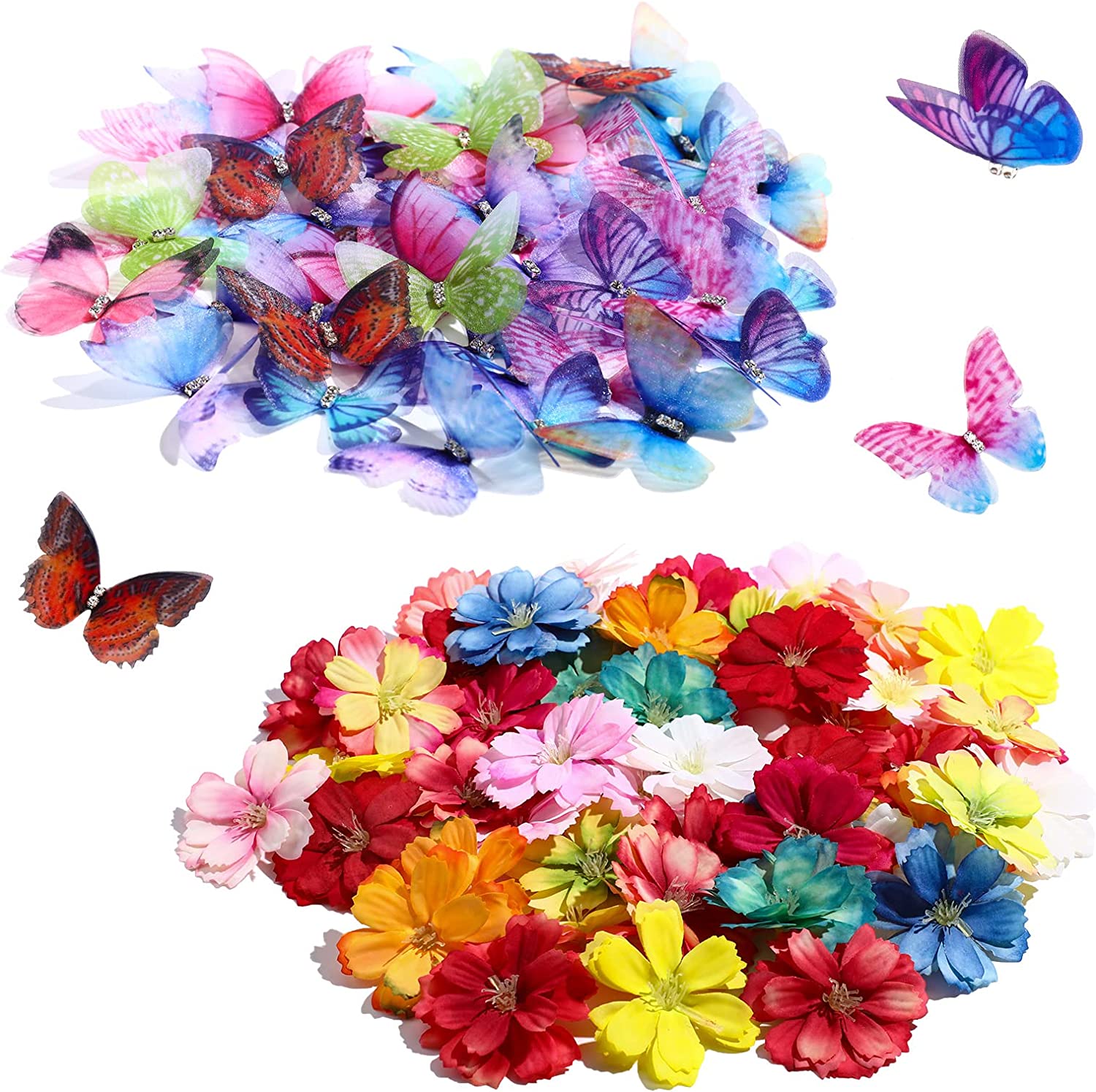 100 Pcs Faux Floral Heads Organza Butterfly Set for Crafts 50 3D Small ...