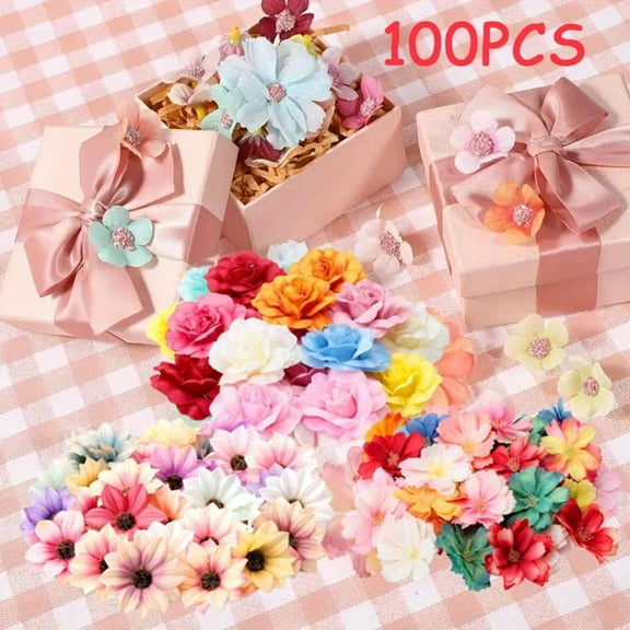 100 Pcs Faux Flower Heads Silk Artificial Plum Blossom Heads DIY Fake Mini Flowers Assorted Silk Decorative Daisy Roses Craft Supplies for Wedding Party Wreath