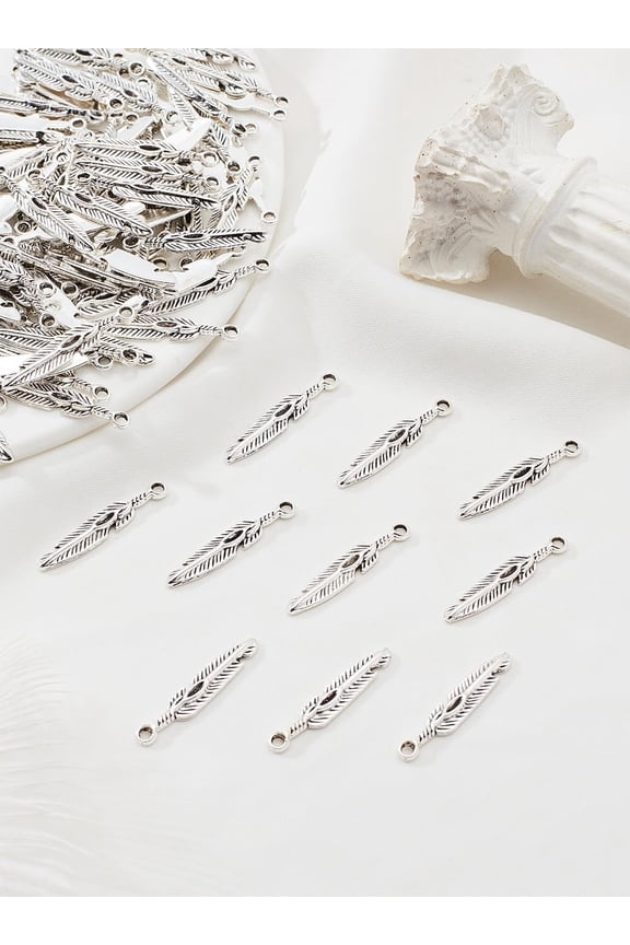 100 Pcs Feather Charms Alloy Wing Feather Charms Tibetan Style Metal Feather Charms for Necklace Bracelet Jewelry Making