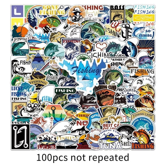 100-Pcs Fish Theme PVC Vinyl Fishing Sticker Packs, 2-4.5in Waterproof Bumper Decals for DIY Decor, Personalized Gear & Laptop Accessories