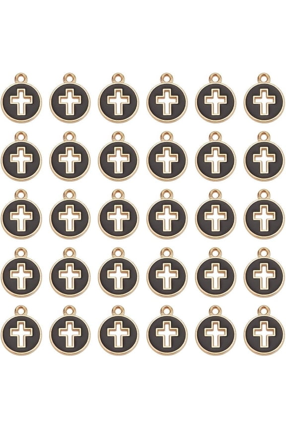100 Pcs Flat Round Enamel Cross Charms Black Alloy Crucifix Charm Pendants with Light Gold Plated Edge Hollow Cross Charm for Bracelet Necklace Jewelry Making 15x12mm