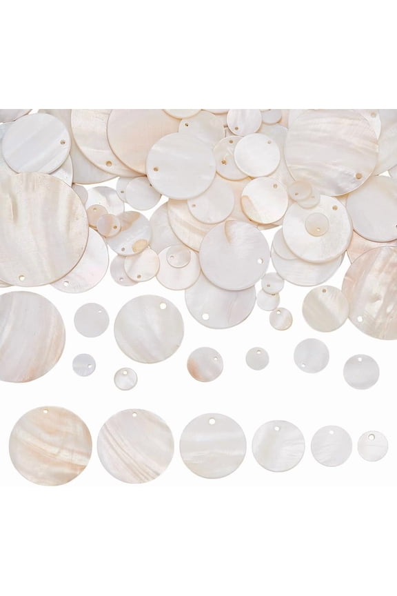 100 Pcs Flat Round Shell Charms 6 Sizes Natural Freshwater Sea Shell Charms Seashell Color Round Pendants